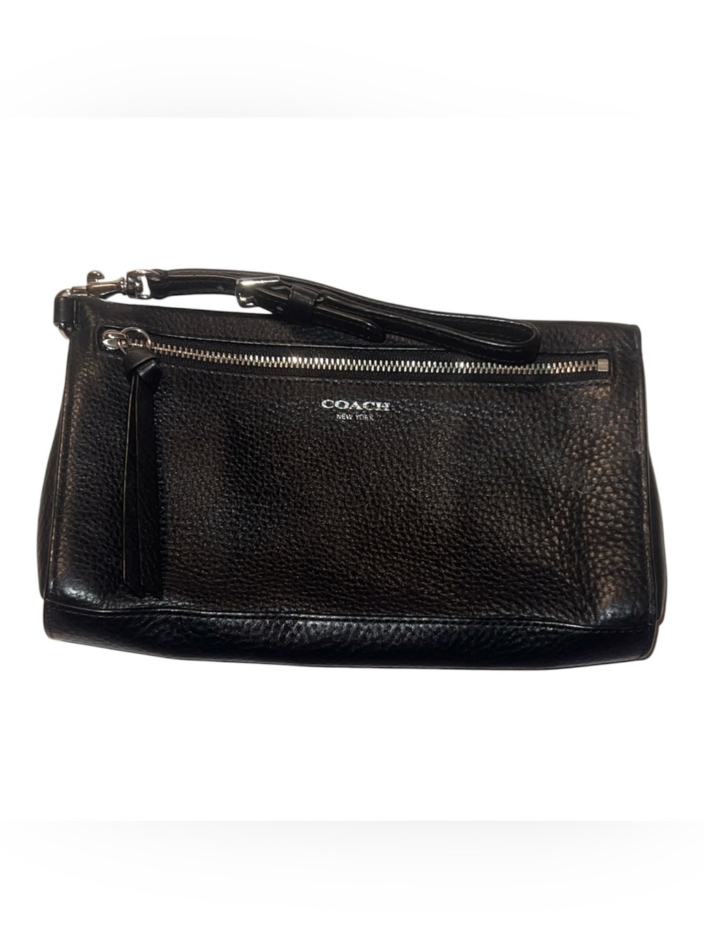 Coach Black Pebbled Leather Wristlet featuring silver hardware and a top zipper.